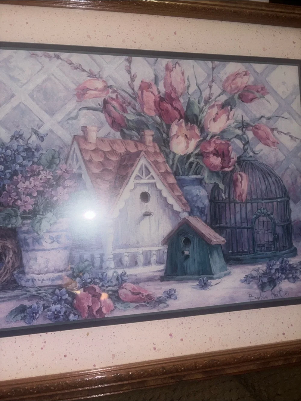 Vintage Floral Print titled Birdhouse Blessings By Barbara Mock